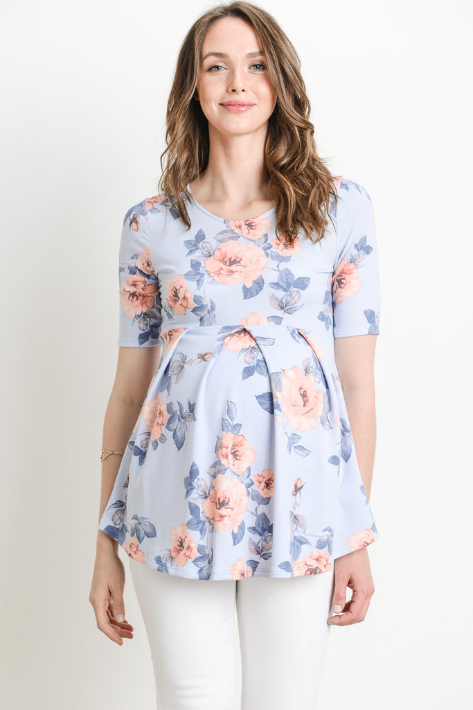 Chambray Floral Round Neck Peplum Maternity Top