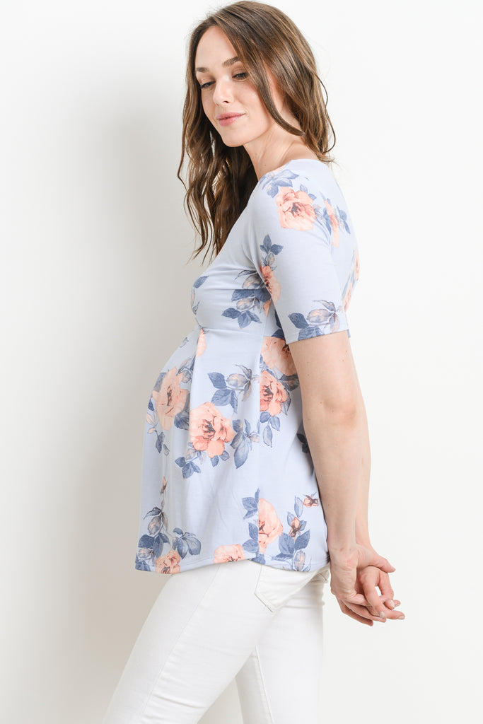 Chambray Floral Round Neck Peplum Maternity Top