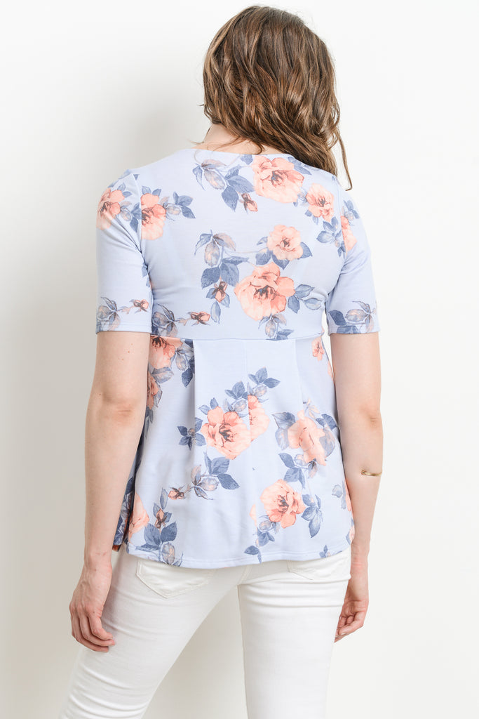 Chambray Floral Round Neck Peplum Maternity Top