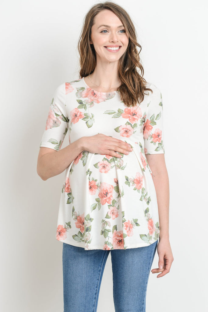 Ivory Floral Round Neck Peplum Maternity Top