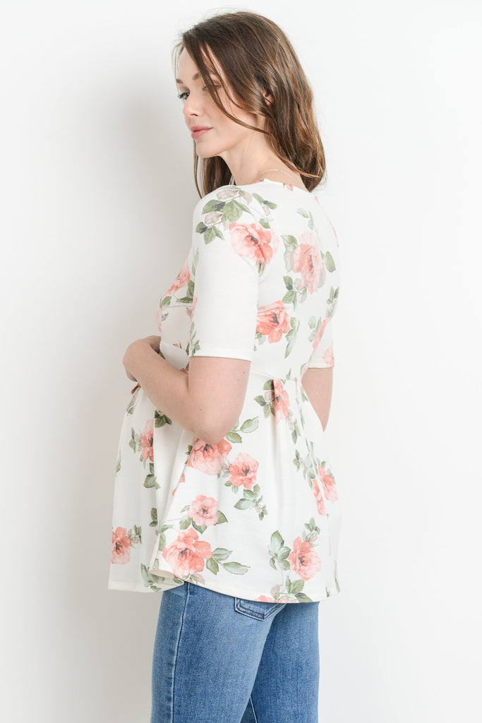 Ivory Floral Round Neck Peplum Maternity Top