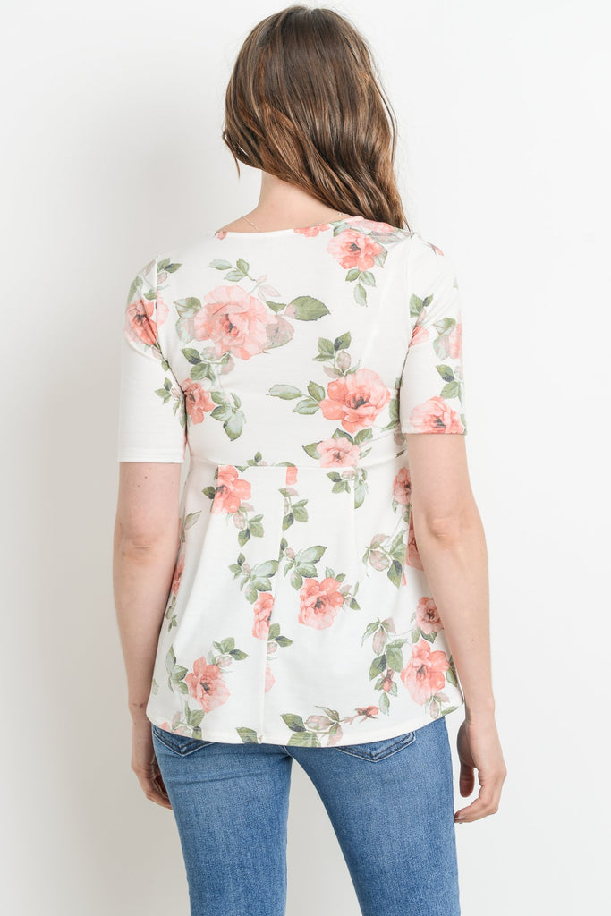 Ivory Floral Round Neck Peplum Maternity Top