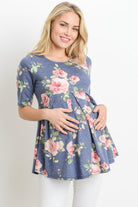 Navy Floral Round Neck Peplum Maternity Top