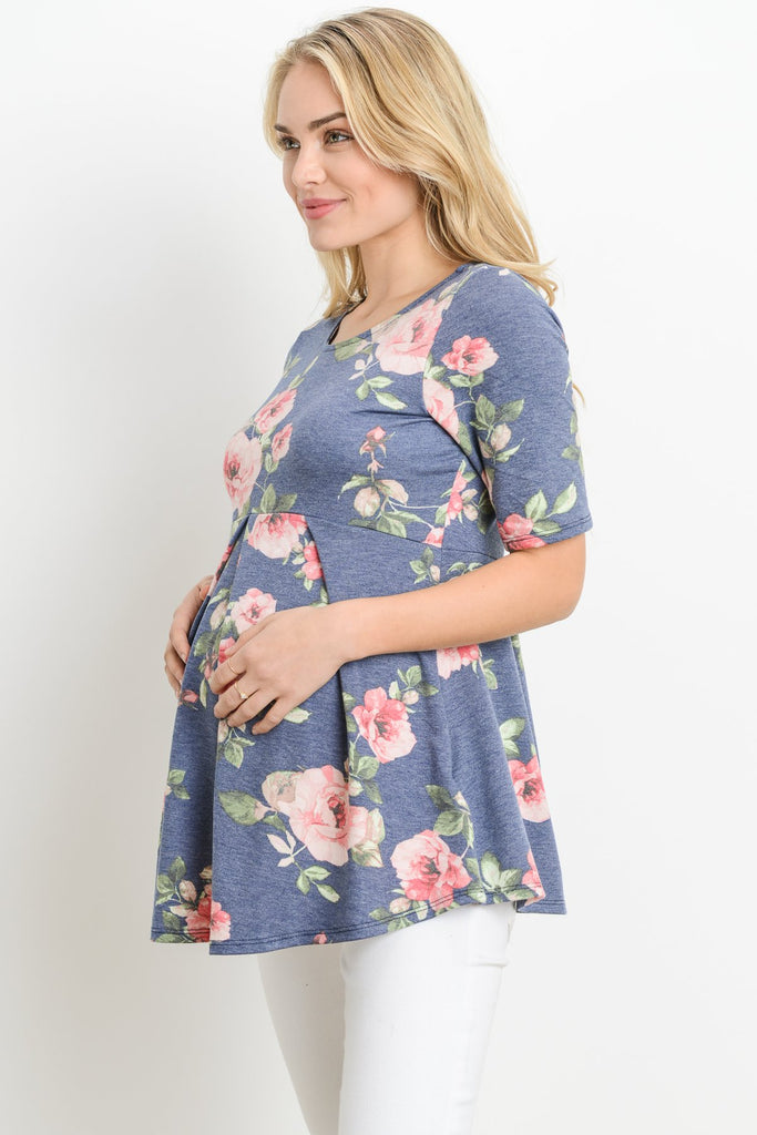 Navy Floral Round Neck Peplum Maternity Top