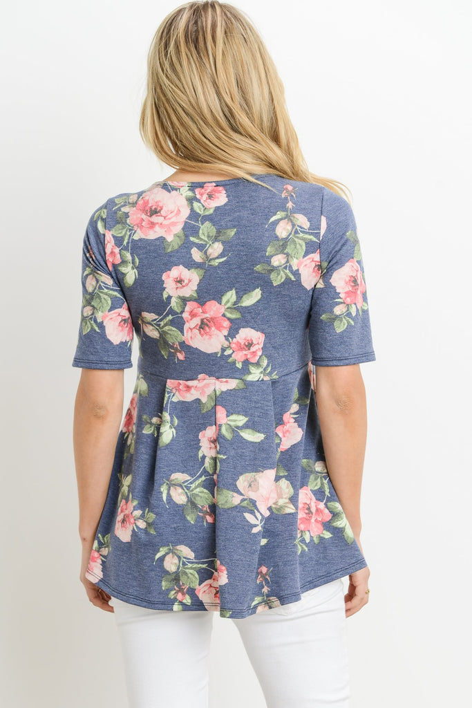 Navy Floral Round Neck Peplum Maternity Top