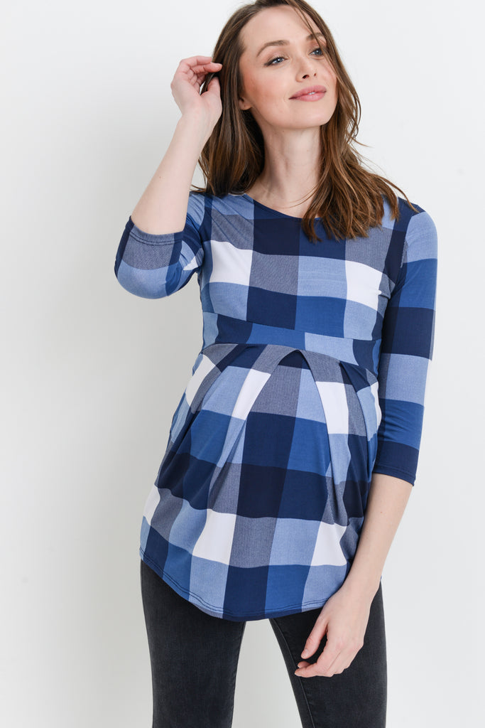 Blue Plaid Front Pleated Maternity Top
