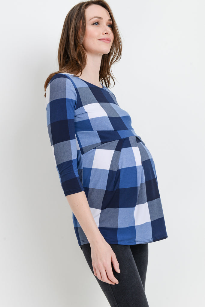 Blue Plaid Front Pleated Maternity Top