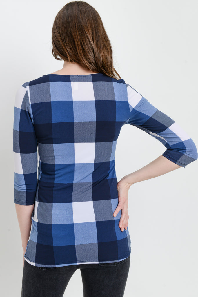 Blue Plaid Front Pleated Maternity Top