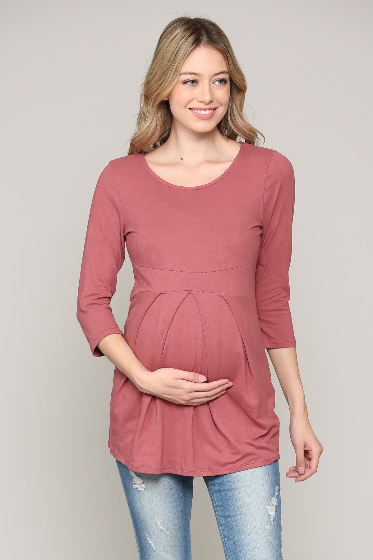 Dusty Pink Front Pleat Round Neck Maternity Top