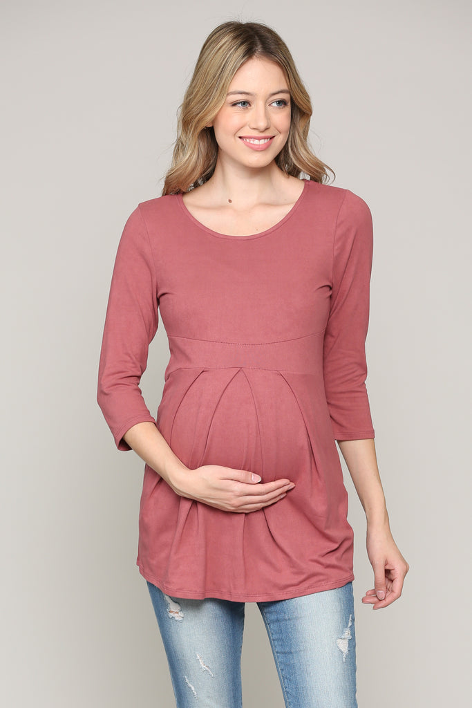 Dusty Pink Front Pleat Round Neck Maternity Top