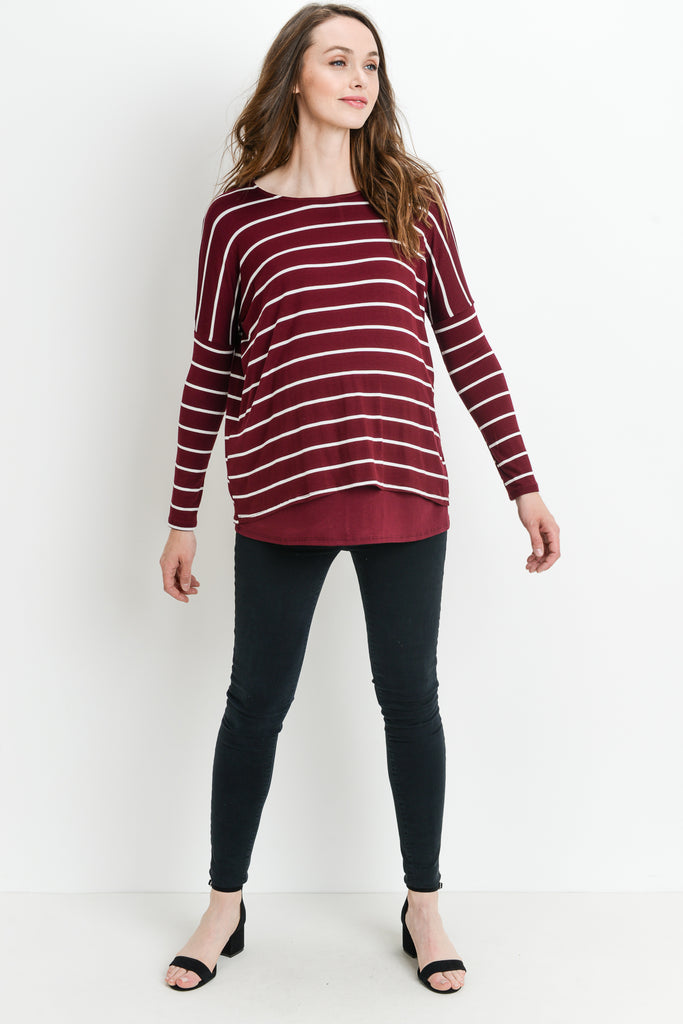 Burgundy Stripe Long Sleeve Double Layer Nursing/Maternity Top