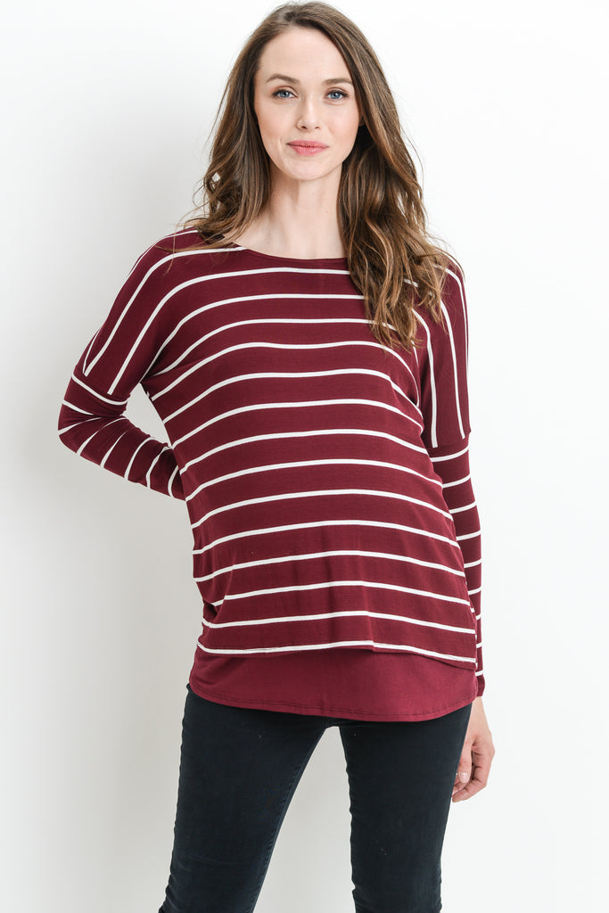 Burgundy Stripe Long Sleeve Double Layer Nursing/Maternity Top