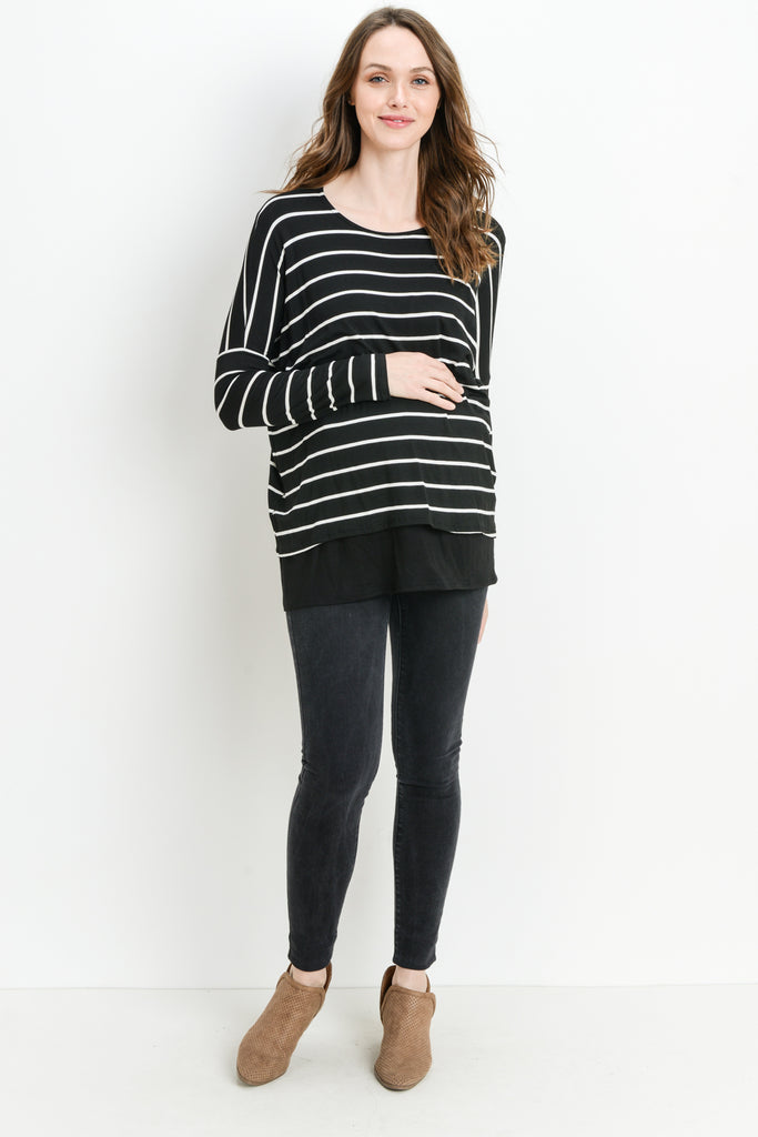 Black Stripe Long Sleeve Double Layer Nursing/Maternity Top