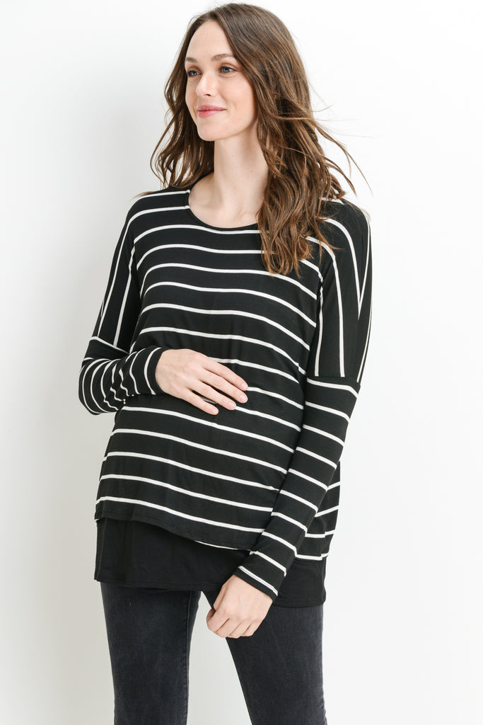 Black Stripe Long Sleeve Double Layer Nursing/Maternity Top
