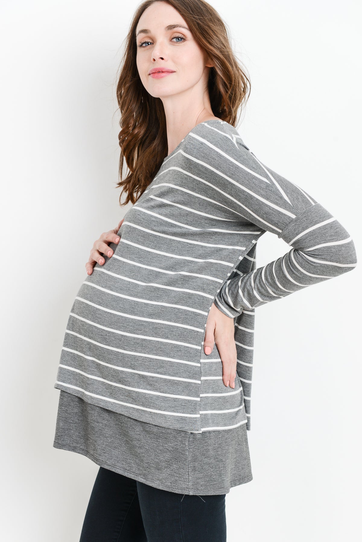 Grey/Grey Stripe Long Sleeve Double Layer Nursing/Maternity Top