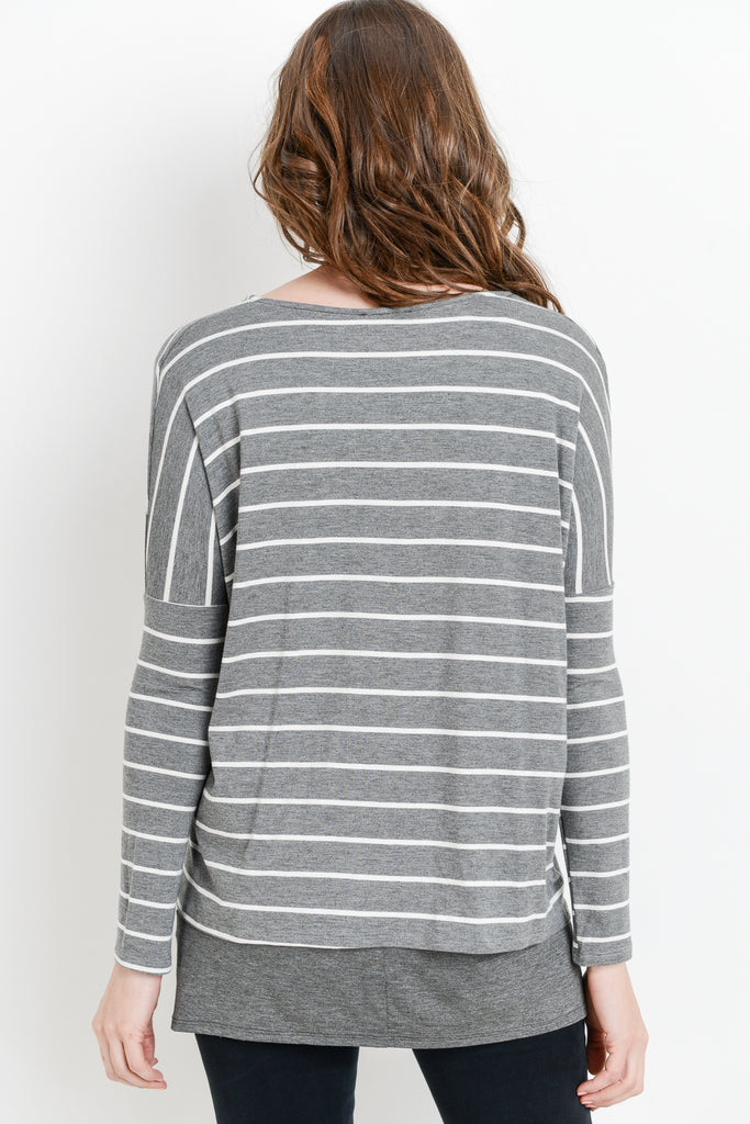 Grey/Grey Stripe Long Sleeve Double Layer Nursing/Maternity Top