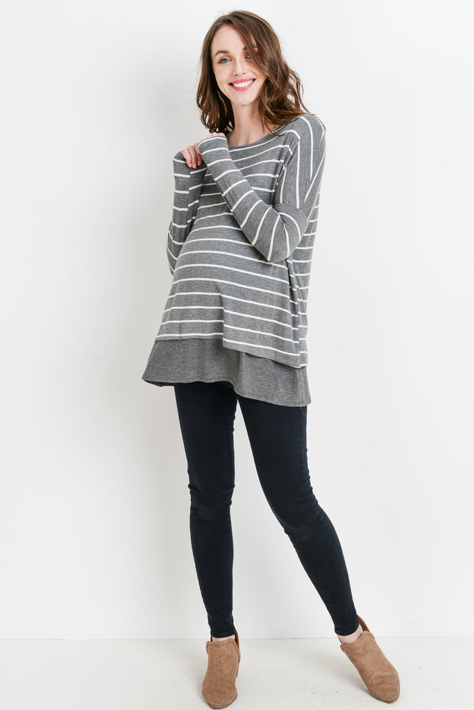 Grey/Grey Stripe Long Sleeve Double Layer Nursing/Maternity Top