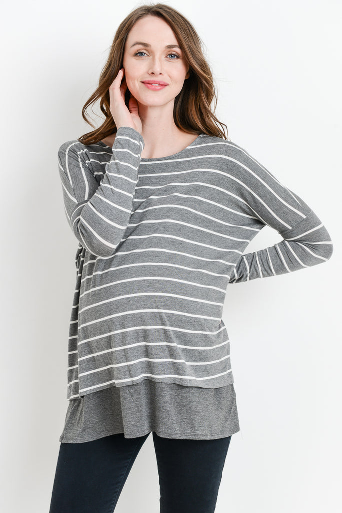 Grey/Grey Stripe Long Sleeve Double Layer Nursing/Maternity Top