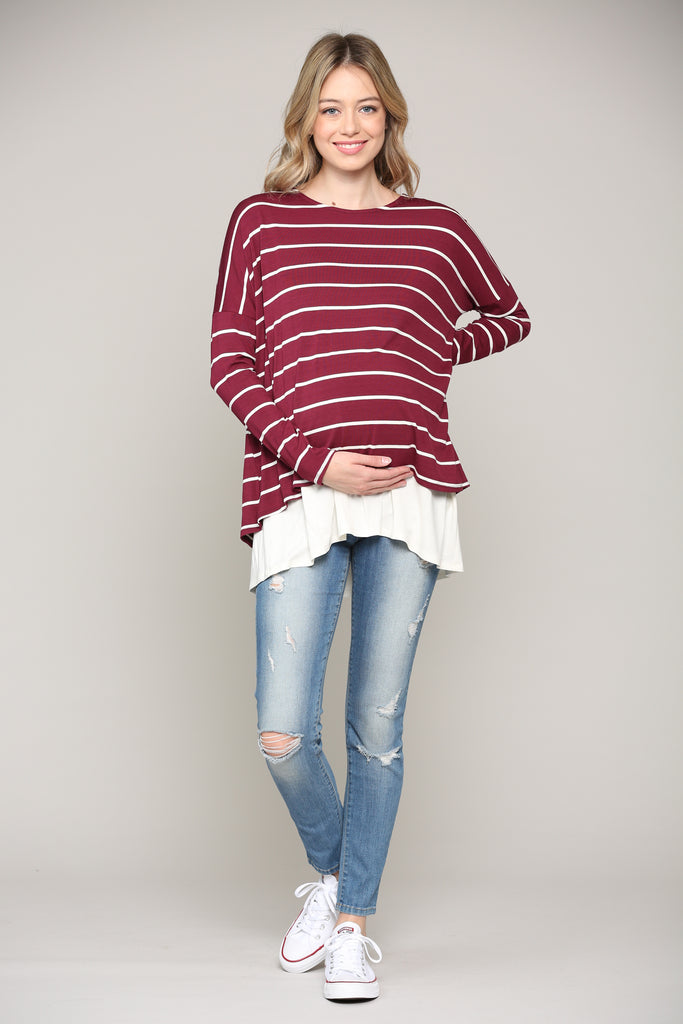 Burgundy/Ivory Stripe Long Sleeve Double Layer Nursing/Maternity Top