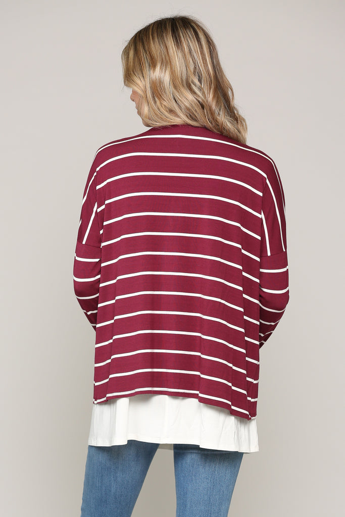 Burgundy/Ivory Stripe Long Sleeve Double Layer Nursing/Maternity Top