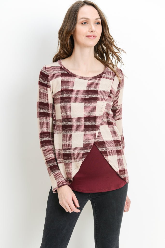 Burgundy Plaid Overlap Sweater Knit Maternity & Nursing Top