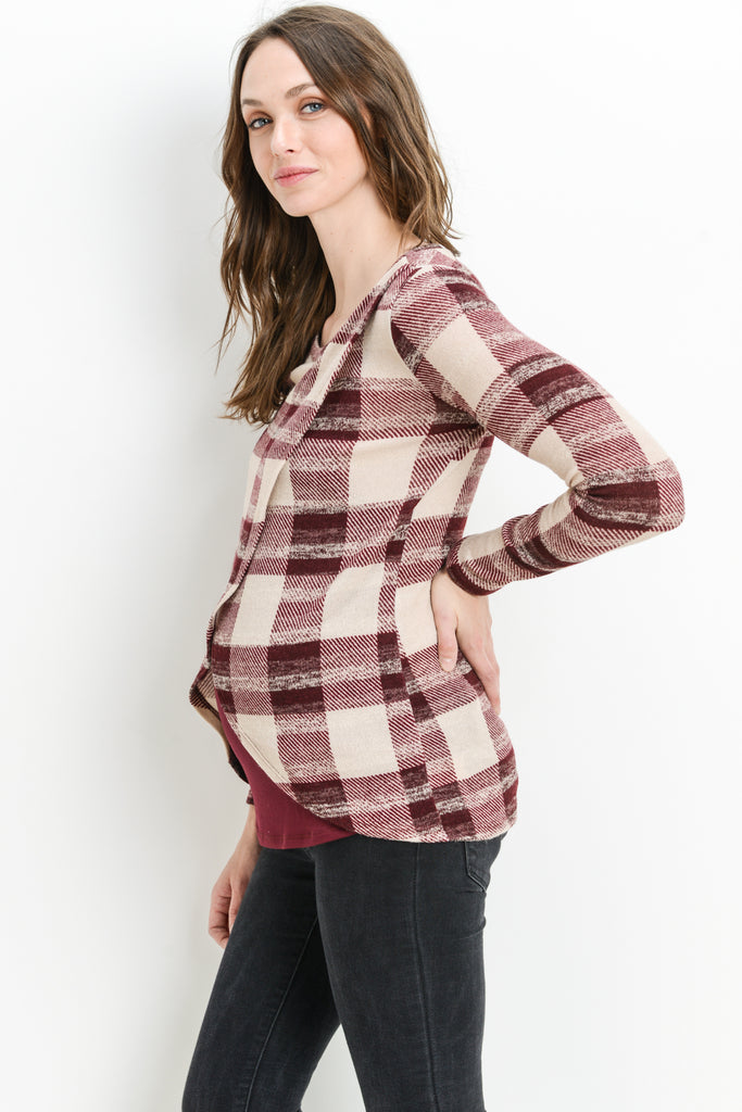 Burgundy Plaid Overlap Sweater Knit Maternity & Nursing Top