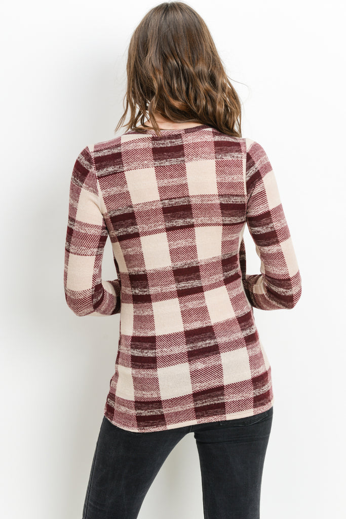 Burgundy Plaid Overlap Sweater Knit Maternity & Nursing Top