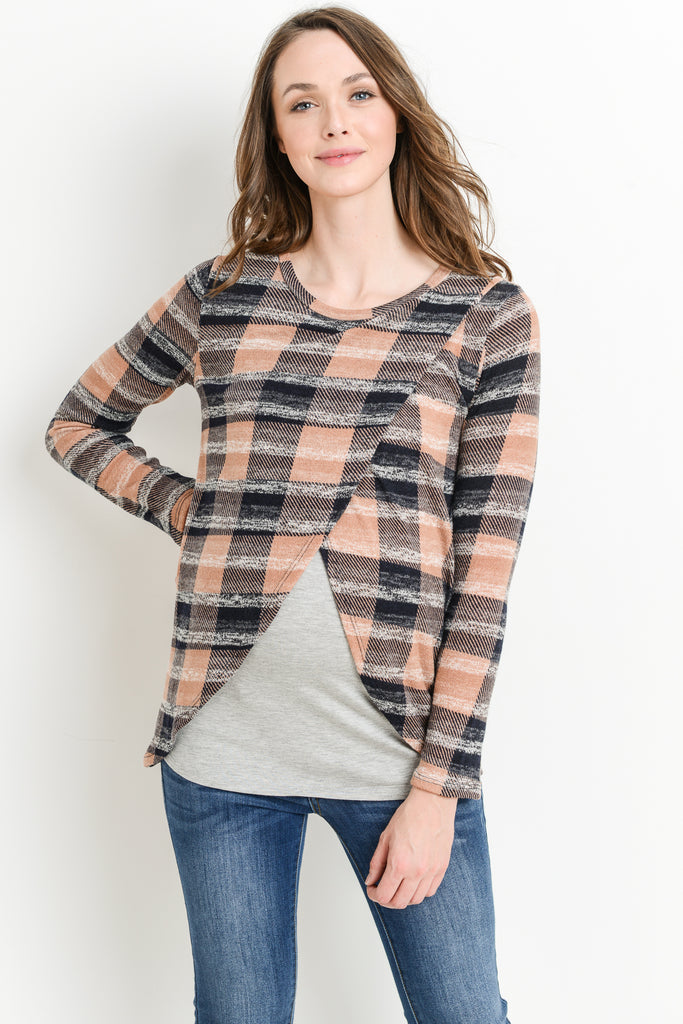 Mauve/Grey Plaid Overlap Sweater Knit Maternity & Nursing Top