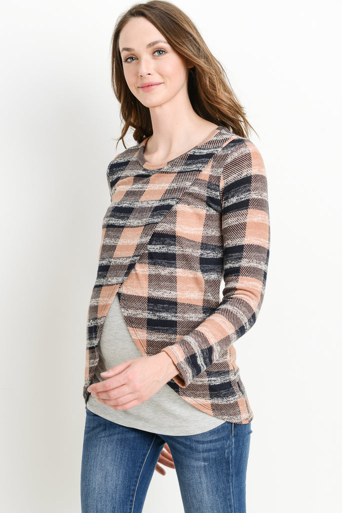 Mauve/Grey Plaid Overlap Sweater Knit Maternity & Nursing Top