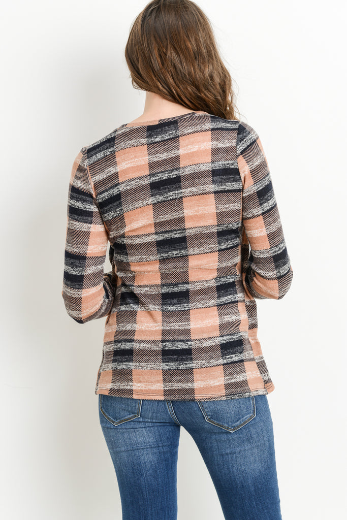 Mauve/Grey Plaid Overlap Sweater Knit Maternity & Nursing Top