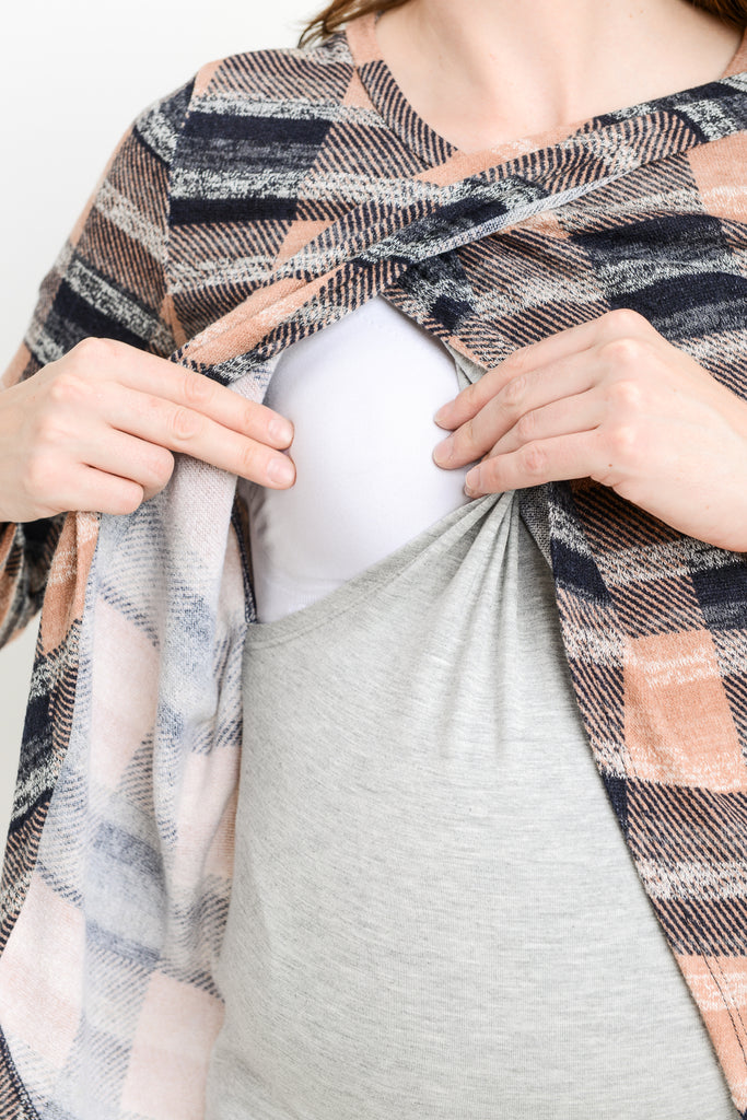 Mauve/Grey Plaid Overlap Sweater Knit Maternity & Nursing Top