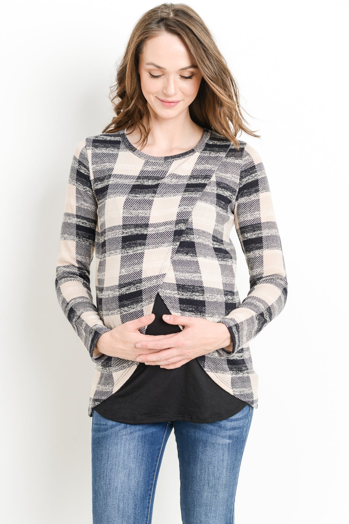 Navy/Black Plaid Overlap Sweater Knit Maternity & Nursing Top