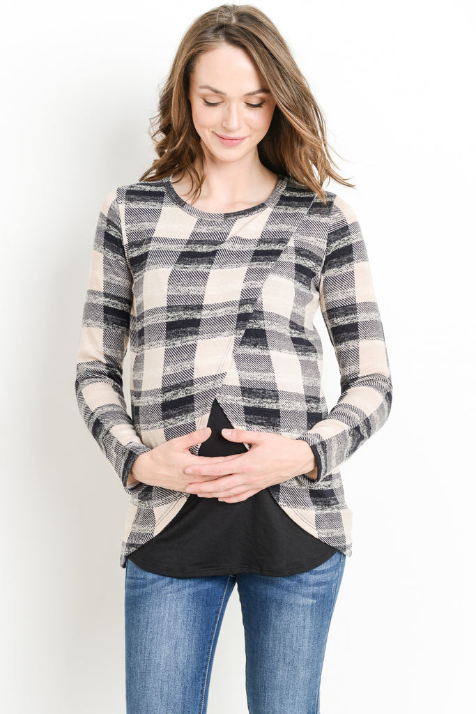 Navy/Black Plaid Overlap Sweater Knit Maternity & Nursing Top