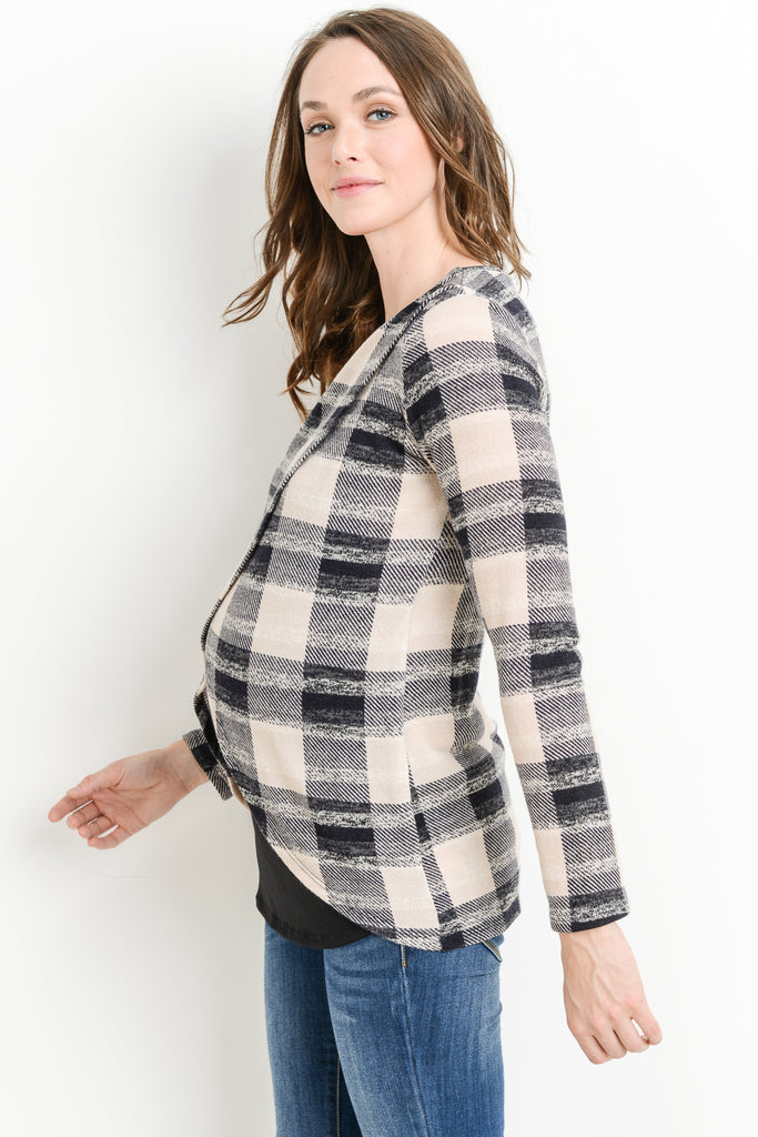 Navy/Black Plaid Overlap Sweater Knit Maternity & Nursing Top