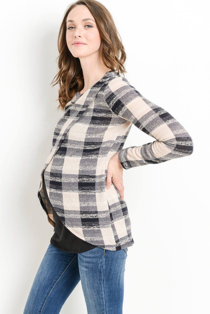Navy/Black Plaid Overlap Sweater Knit Maternity & Nursing Top