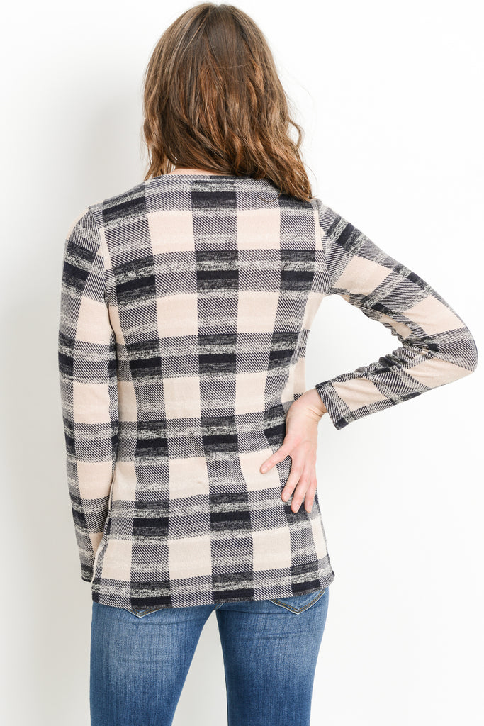 Navy/Black Plaid Overlap Sweater Knit Maternity & Nursing Top