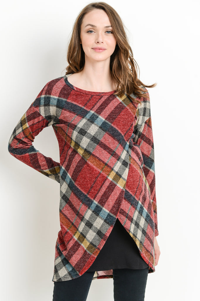 Burgundy Plaid Knit Maternity & Nursing Sweater Tunic