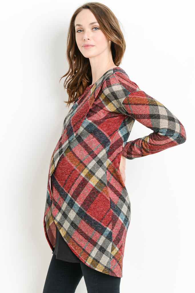 Burgundy Plaid Knit Maternity & Nursing Sweater Tunic