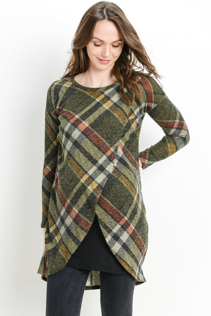 Olive Plaid Knit Maternity & Nursing Sweater Tunic