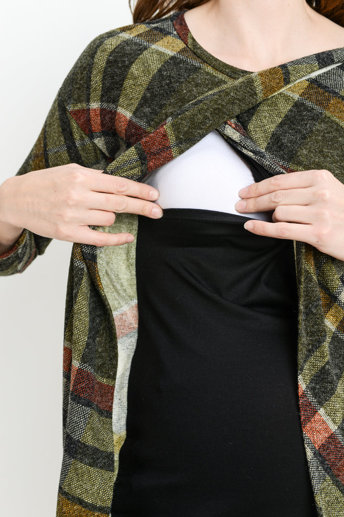 Olive Plaid Knit Maternity & Nursing Sweater Tunic