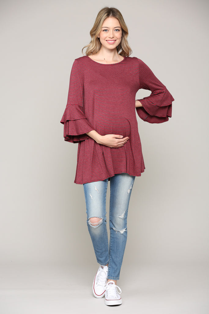 Burgundy/Charcoal Double Ruffled Sleeve Maternity Top