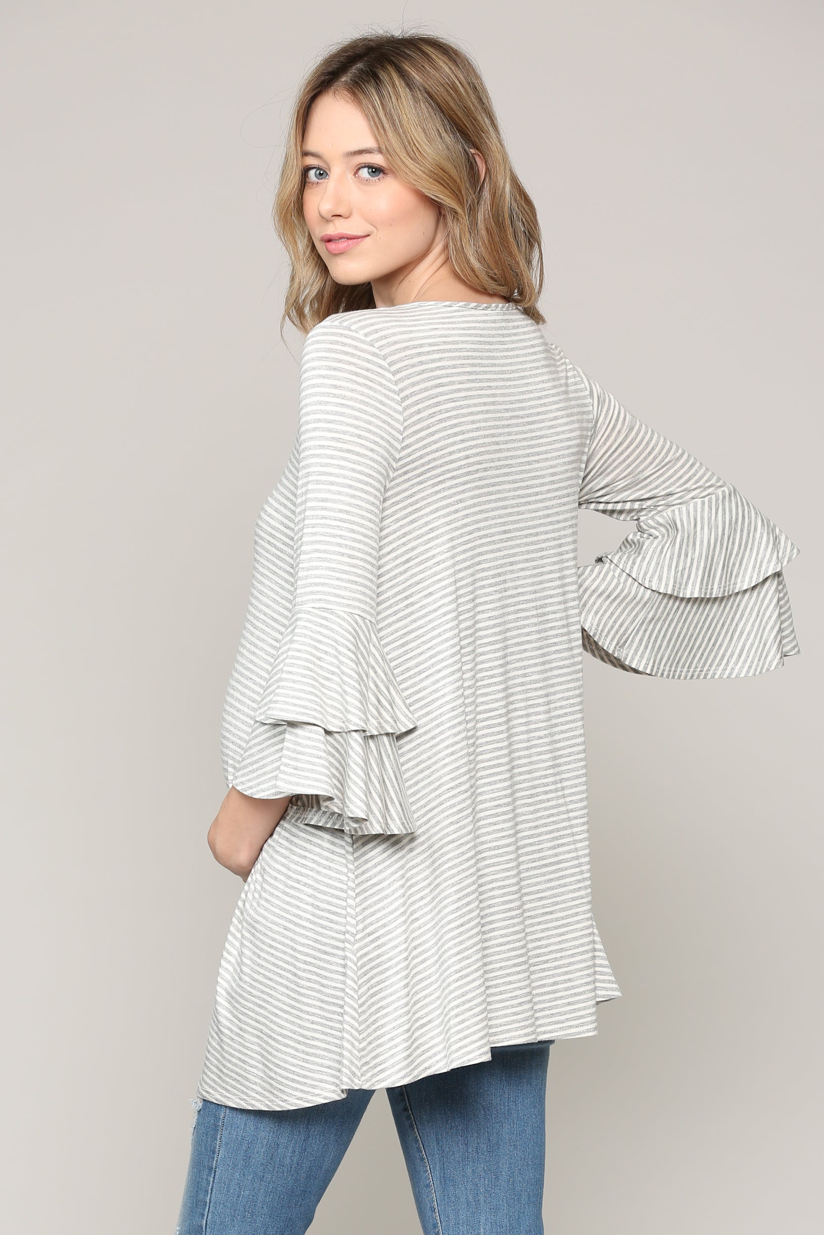 Grey/Ivory Double Ruffled Sleeve Maternity Top