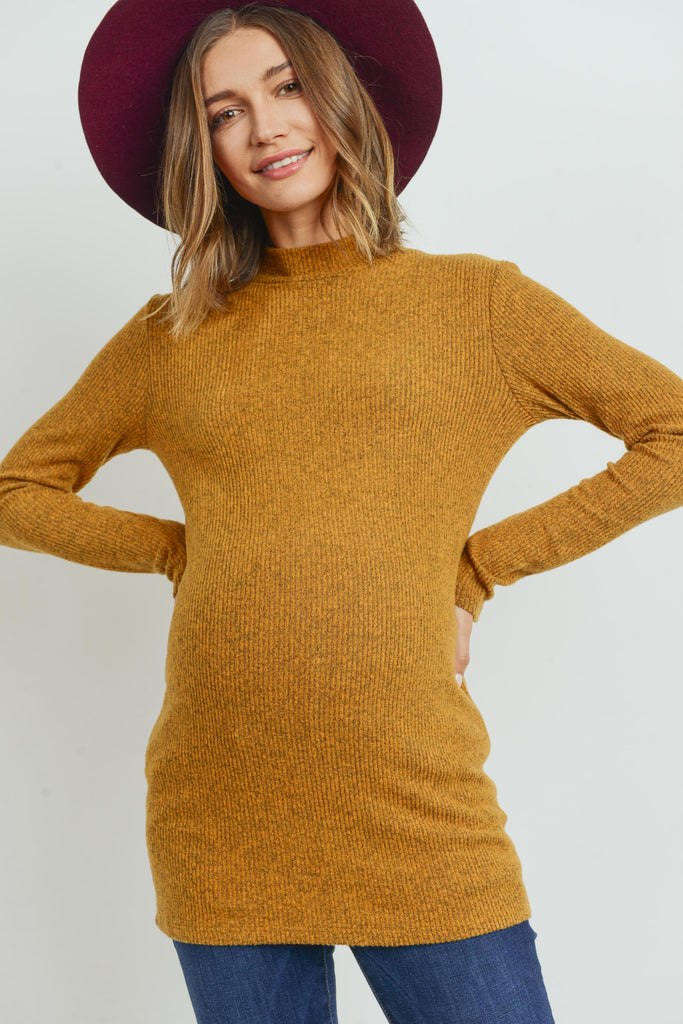 Mustard Rib Knit Mock Neck Maternity Top
