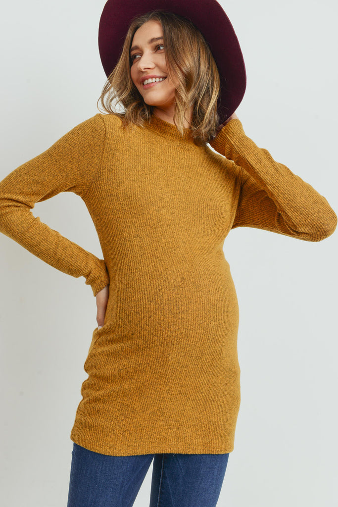 Mustard Rib Knit Mock Neck Maternity Top