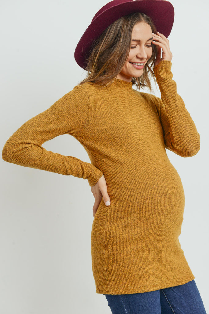 Mustard Rib Knit Mock Neck Maternity Top