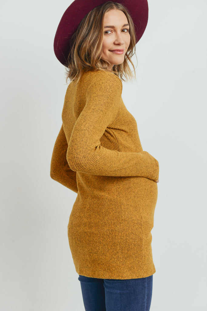 Mustard Rib Knit Mock Neck Maternity Top