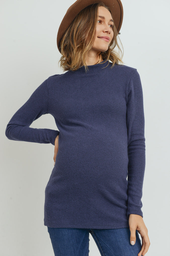 Navy Rib Knit Mock Neck Maternity Top