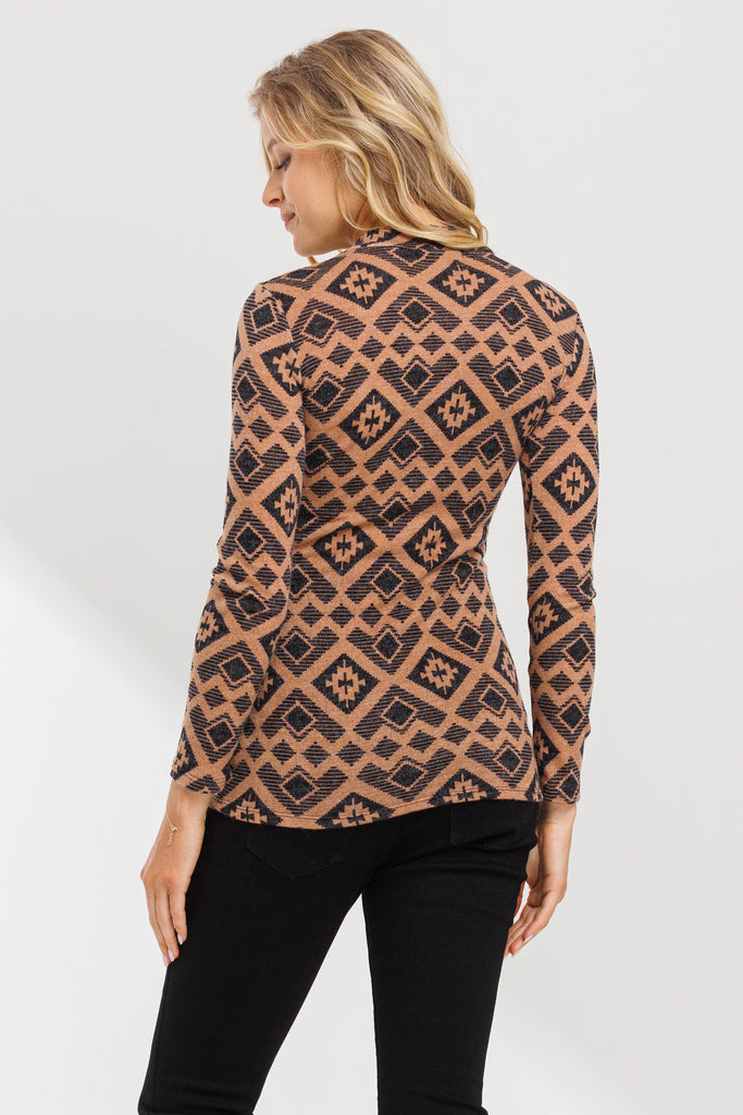 Brown Mock Neck Print Long Sleeve Maternity Top