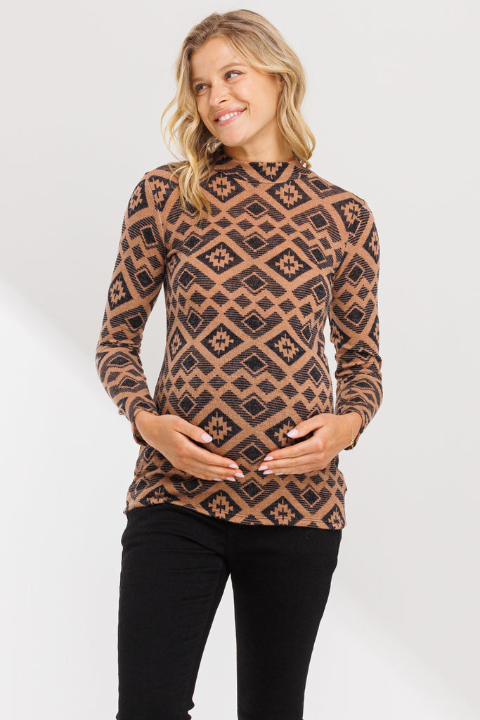 Brown Mock Neck Print Long Sleeve Maternity Top
