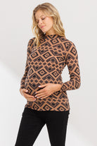 Brown Mock Neck Print Long Sleeve Maternity Top